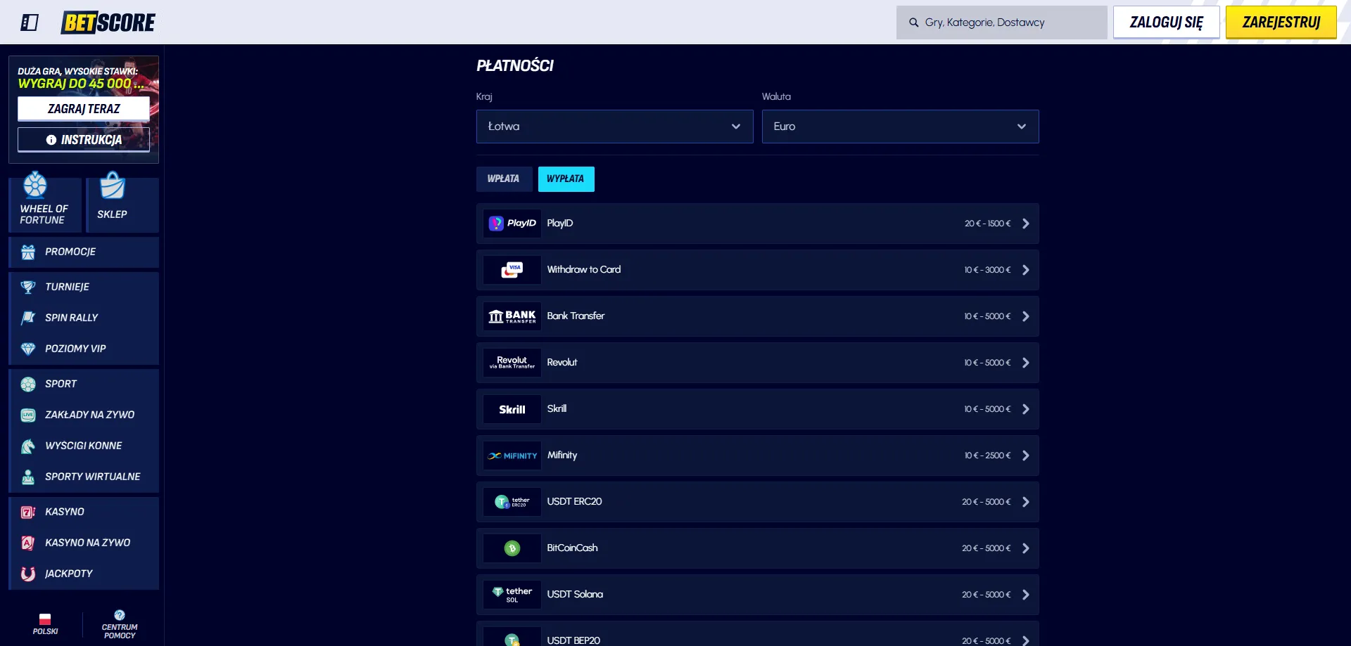 Betscore Casino metody płatności – karty, e-portfele i kryptowaluty